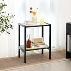 2-Tier Bamboo Side Table, Modern Glasstop Rattan Side Table, Mid Century Wood - Image 6
