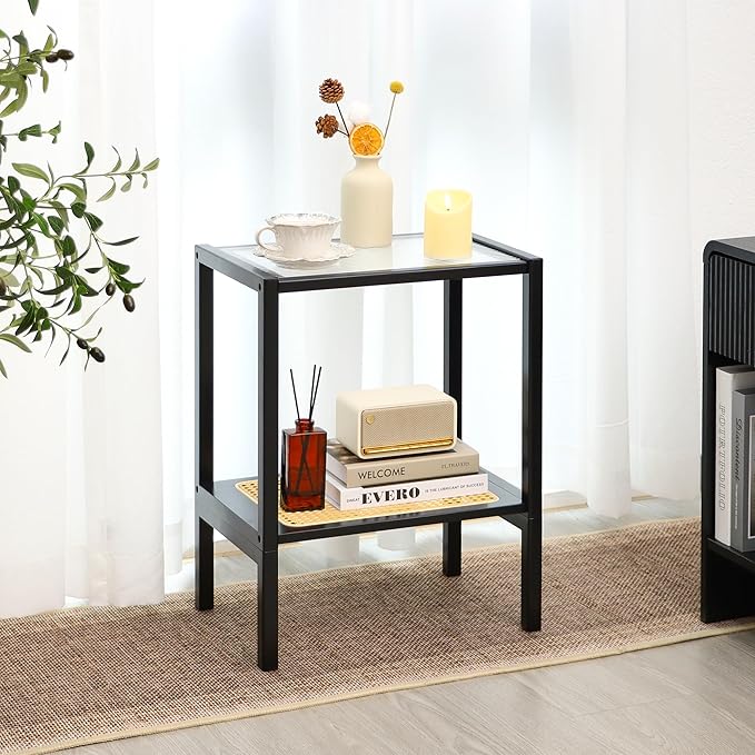 2-Tier Bamboo Side Table, Modern Glasstop Rattan Side Table, Mid Century Wood - Image 6