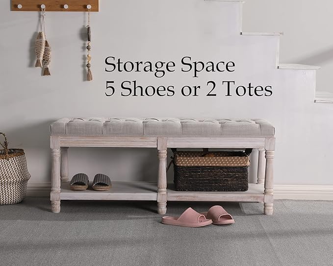 Farmhouse Storage Bench Wooden Entryway Upholstered Tufted Ottoman Bench - Image 3