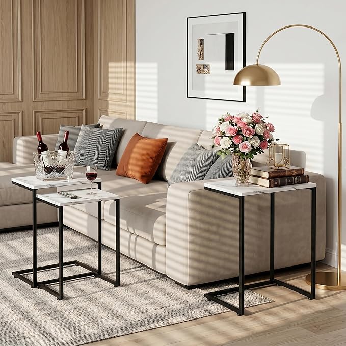 SUPER DEAL Nesting Tables Set of 3, Industrial C Shaped End Table Stackable - Image 2