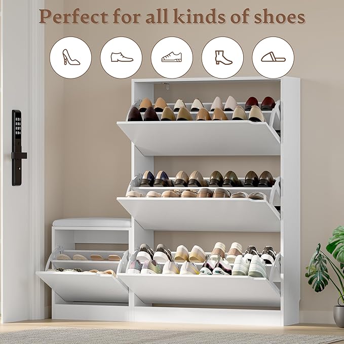 BORNOON Shoe Cabinet with Bench and 3 Flip Drawers, Slim Narrow Shoe Storage - Image 4