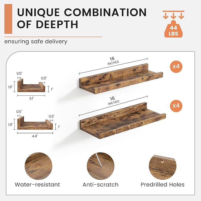 Floating Picture Ledge Shelves Set of 8, 16 Inch Solid Wood Wall Shelves - Image 3