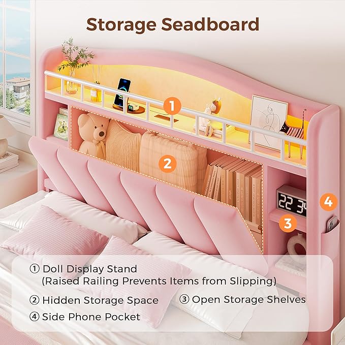 Full LED Bed Frame with Storage Headboard & 2 Storage Drawers, Princess Velvet - Image 4