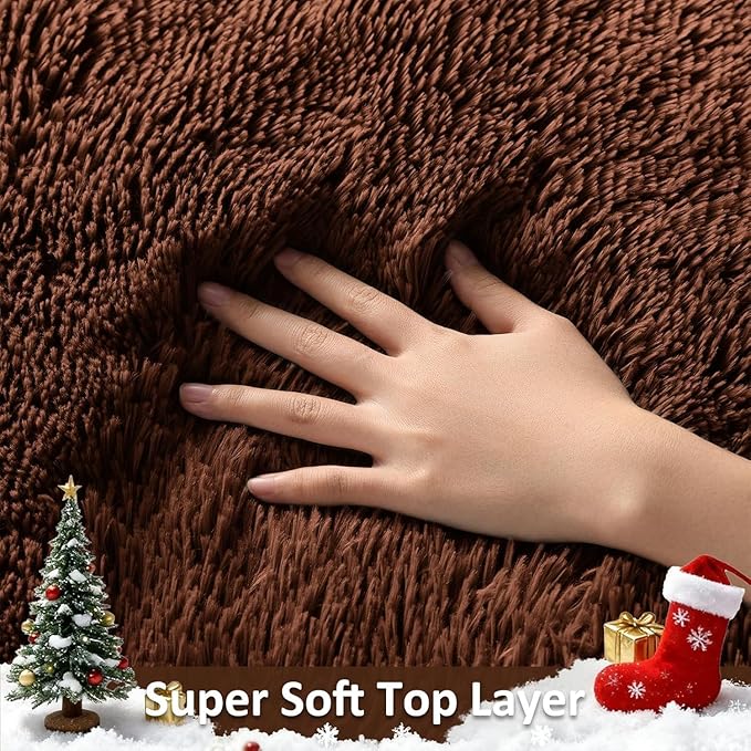 Ophanie Round Rug 4Ft Brown Circle Area Rug, Fluffy Fuzzy Small Bedroom Carpet - Image 2