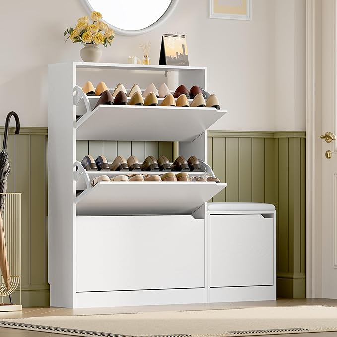 BORNOON Shoe Cabinet with Bench and 3 Flip Drawers, Slim Narrow Shoe Storage by BORNOON