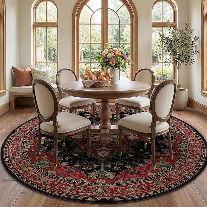 RELEANY Area Rugs Round 7ft Washable Non-Slip, Floral Vintage Distress Print by RELEANY