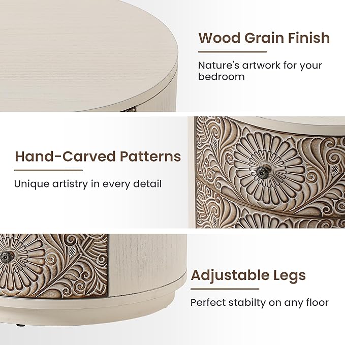 HOMPUS Round End Table Set 2, Fully Assembled Nightstand w 3 Storage Drawers - Image 5