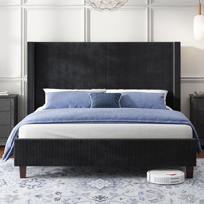 HOWE King Size Bed Frame with 50.8" Tall Wingback Headboard, Modern Corduroy - Image 3