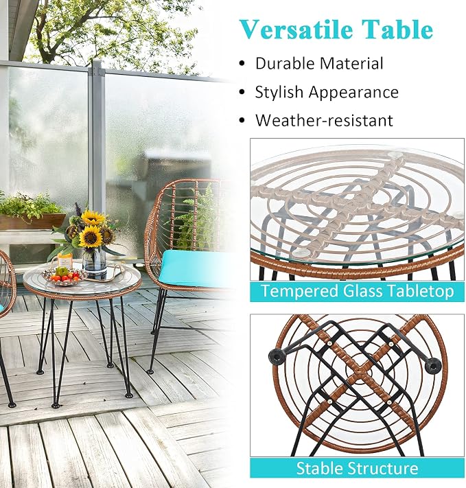 Tangkula 3 Pieces Patio Conversation Bistro Set, Outdoor Wicker Furniture - Image 6