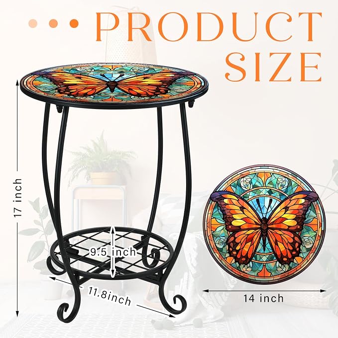 Cinnvoice Outdoor Side Table Round Small Mosaic Patio Accent Indoor End Plant - Image 3