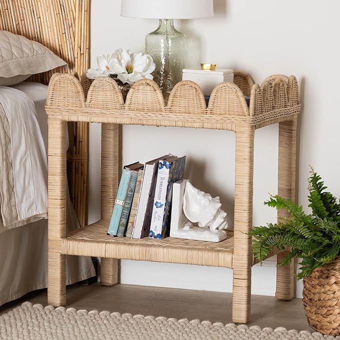 Bali & pari Sumana Bohemian Scallop Natural Rattan and Mahogany Side Table - Image 2