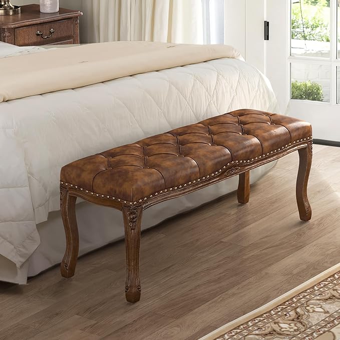 Cozyman Bedroom Bench, French Vintage Tufted Leather Bench, 45.2" Carving - Image 2