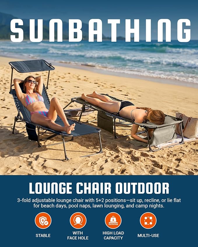 KingCamp Lounge Chair with face Hole & Canopy Shade, 400LBS Folding Portable - Image 3