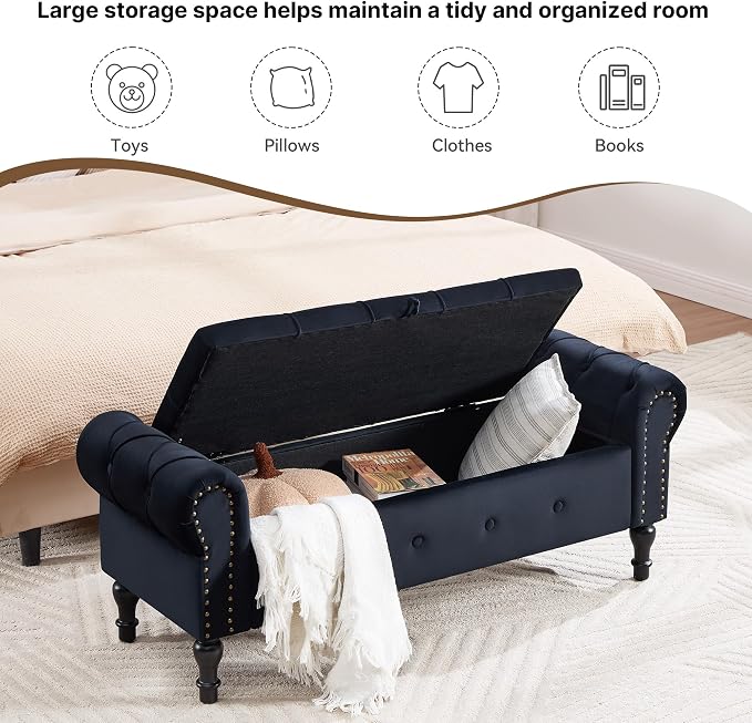 Storage Bench for Bedroom, Velvet 51" End of Bed Bench, Queen Size Bench - Image 4
