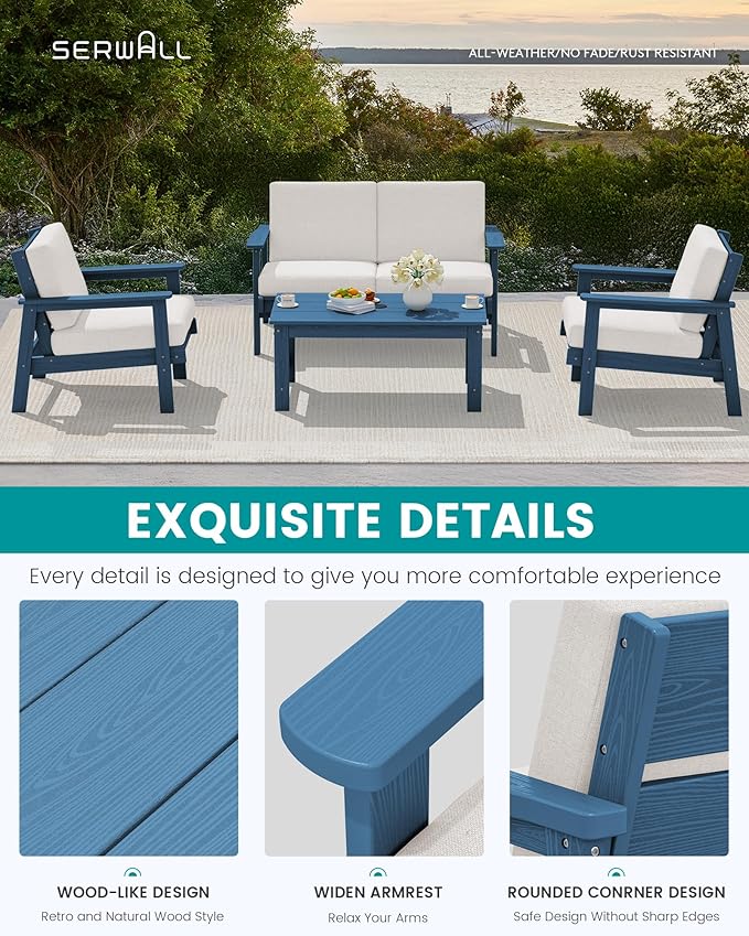 SERWALL 4 Piece HDPE Outdoor Furniture Set, All Weather Wood-Like Outdoor Sofa - Image 4
