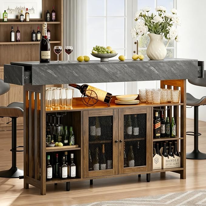 Loomie Bar Table Cabinet with Grey Marble Top & LED Lights & 2 Drawers - Image 4