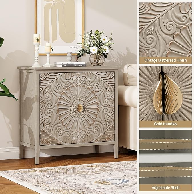 31.5" Farmhouse 2-Door Carved Accent Storage Cabinet, Vintage Distressed Floral - Image 4