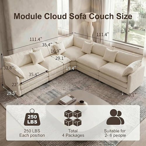 111.4" V-Shaped Corner Couch Sectional｜5 Seat Customizable Modular Cloud - Image 2