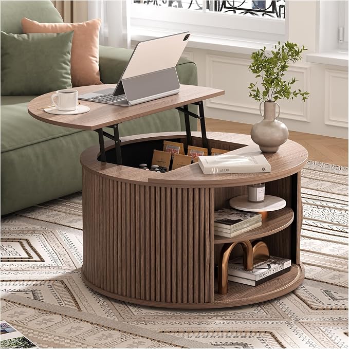 JOINICE 31.5" Round Lift Top Coffee Table, Mid Century Modern Walnut Center - Image 7