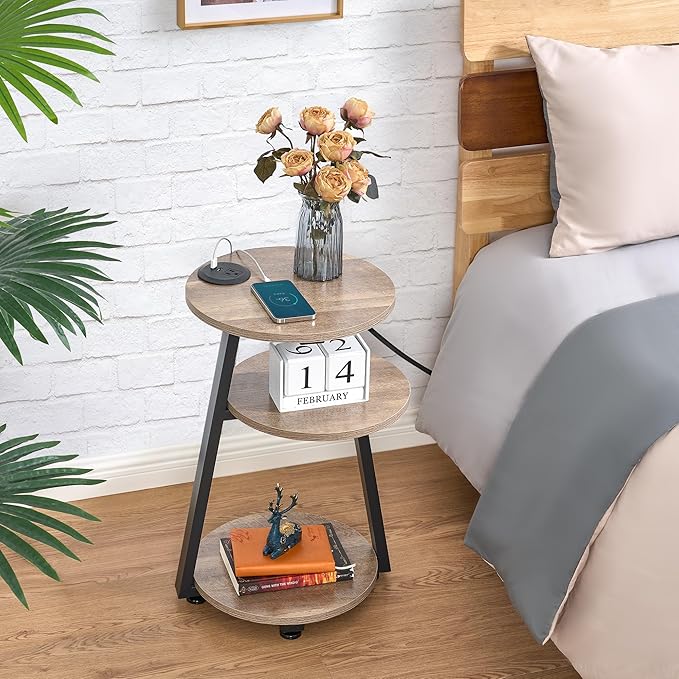BEWISHOME Round End Table with Charging Station, Side Accent Table with 3-Tier - Image 5