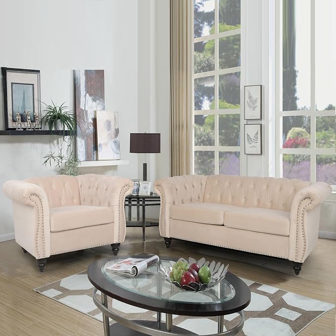 RARZOE 3 Pieces of Living Room Furniture Sofa Sets, Modern Velvet Chesterfield - Image 3