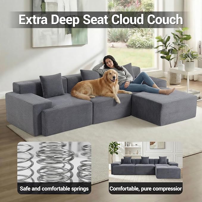 119'' Modular L-Shaped Boneless Sectional, Corduroy Deep Seat Cloud Sectional - Image 3