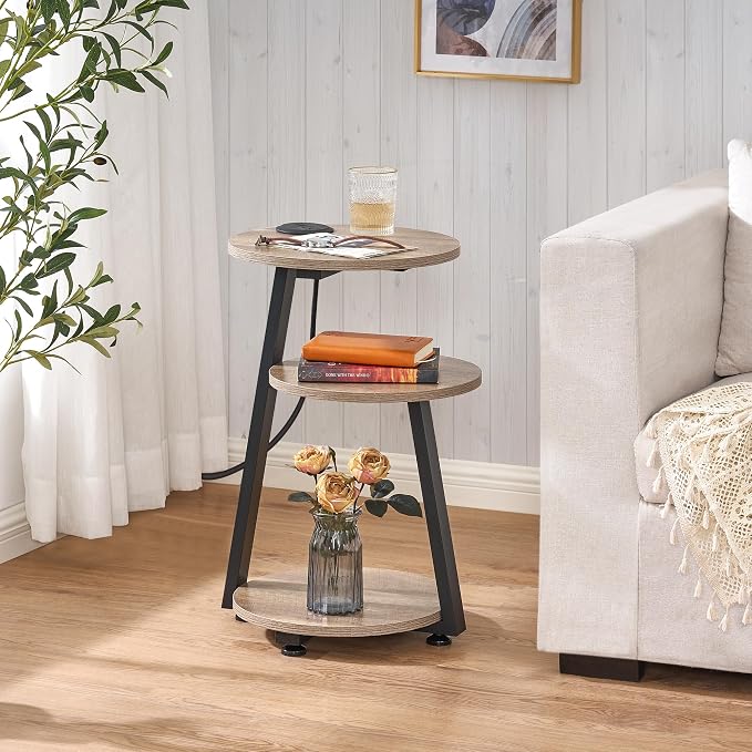BEWISHOME Round End Table with Charging Station, Side Accent Table with 3-Tier - Image 2