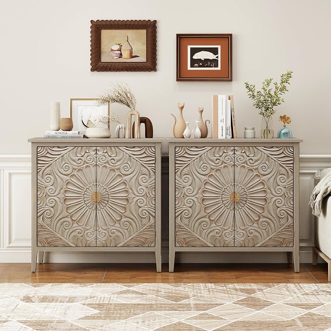 Carved Buffet Cabinet with Floral Pattern & Gold Handle, 31.5" W Distressed by LFGUIZO