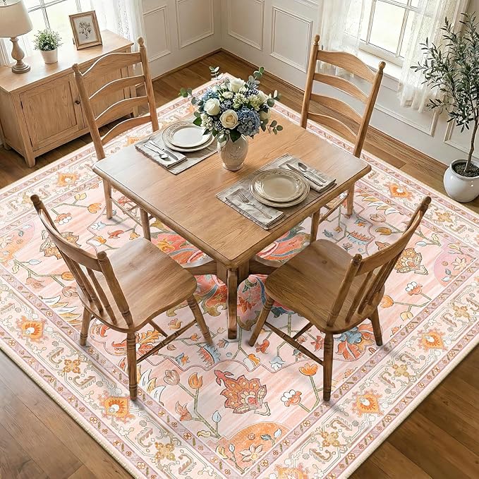 RELEANY Area Rugs Square 7ft Washable Non-Slip, Floral Vintage Distress Print by RELEANY