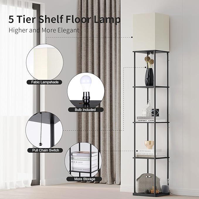 SUNMORY 5 Tier Floor Lamp with Shelves, Modern Square Standing Lamp with 3 - Image 3