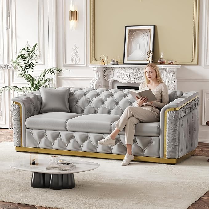 Luxury Chesterfield Sofa Set of 2, Velvet Tufted Couch Victorian Black and Gold - Image 4