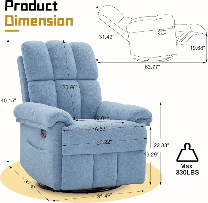 Korser Recliner Chair, Swivel Rocker Recliner Chair - Image 2