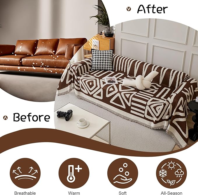 VClife Boho Couch Cover, Reversible Brown Geometric Checkered Sofa Cover - Image 4
