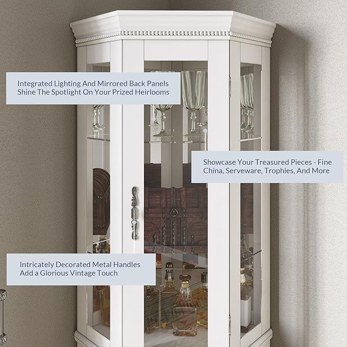 BELLEZE Lighted 3-Side Glass Display Curio Cabinet w/Tempered Glass Doors & - Image 4