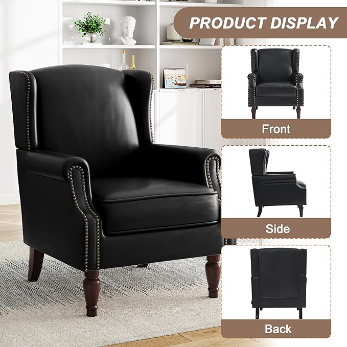 Pia Ricco Set of 2 Faux Leather Accent Chairs, High Back Wingback Armchairs - Image 3