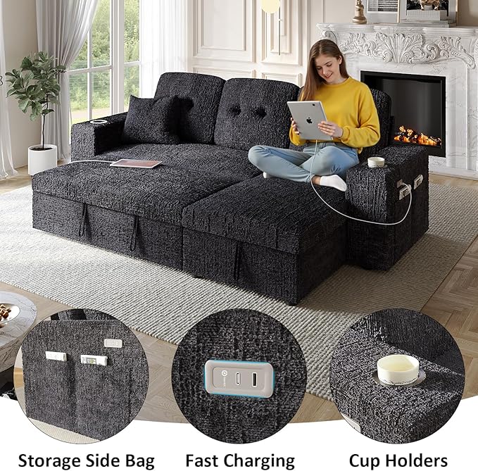 90 Inch Modular Sectional Sleeper Sofa Bed, 4 in 1 Pull Out Couch Bed - Image 4