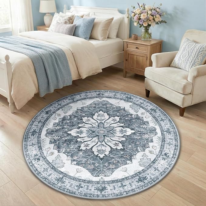 RELEANY Area Rugs Round 4ft Washable Non-Slip, Floral Vintage Distress Print - Image 3