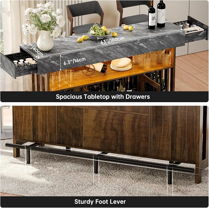 Loomie Bar Table Cabinet with Grey Marble Top & LED Lights & 2 Drawers - Image 6