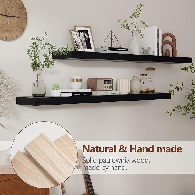 fuqing Black Floating Shelves 48 Inch, Solid Wood Wall Mounted Shelves Set of 2 - Image 4