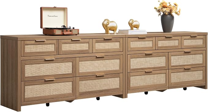 SICOTAS 7 Drawer Dressers for Bedroom Set 2, Long Rattan Dresser, Dresser TV by SICOTAS
