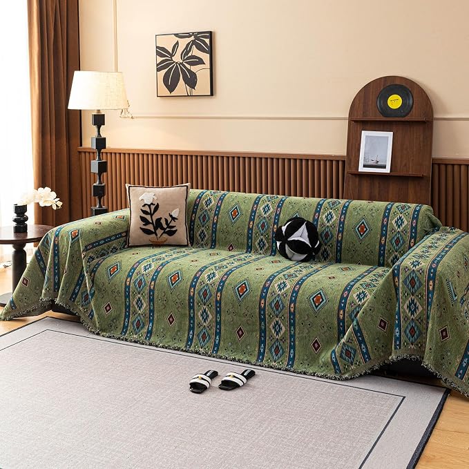 VClife Bohemian Couch Cover, Vintage Moroccan Tribal Geometric Chenille Couch - Image 3