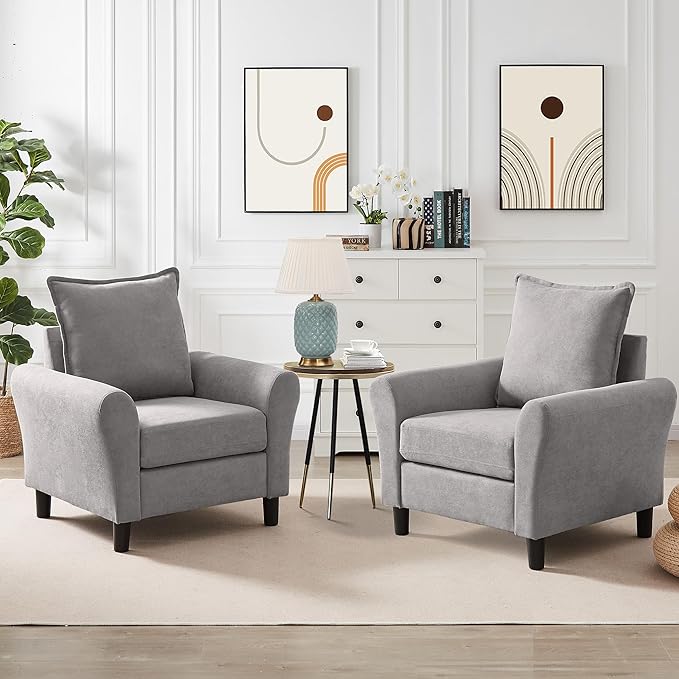 Mid-Century Accent Chairs Set of 2, Modern Linen Fabric Armchair by Chireca