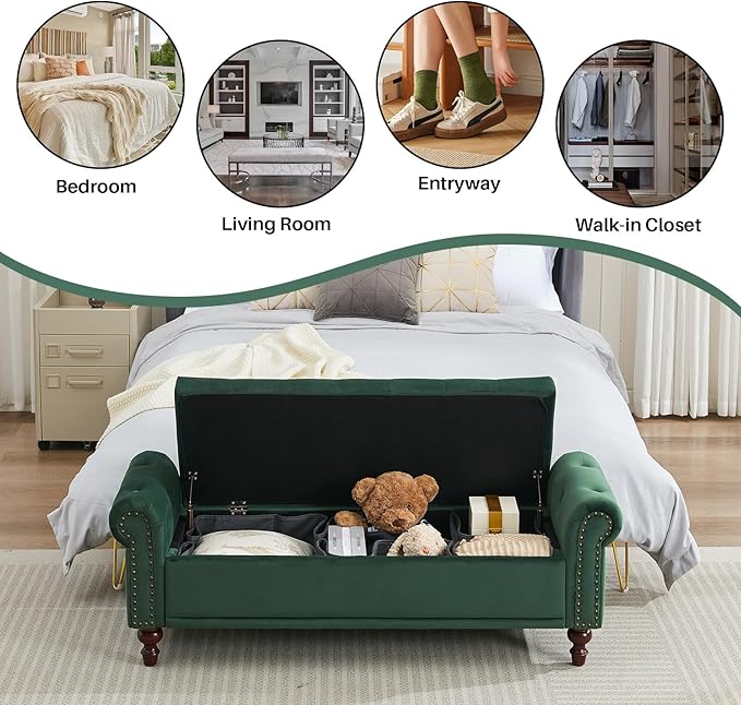 SOFTHION 58.1" Storage Bench Upholstered Velvet End of Bedroom Bed Bench Ottoman - Image 6