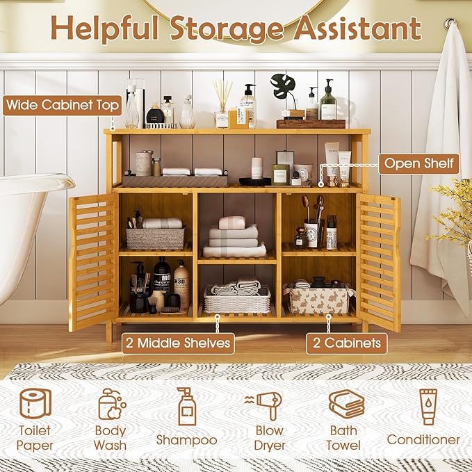 Giantex Bamboo Bathroom Storage Cabinet, 2-Door Storage Organizer - Image 4