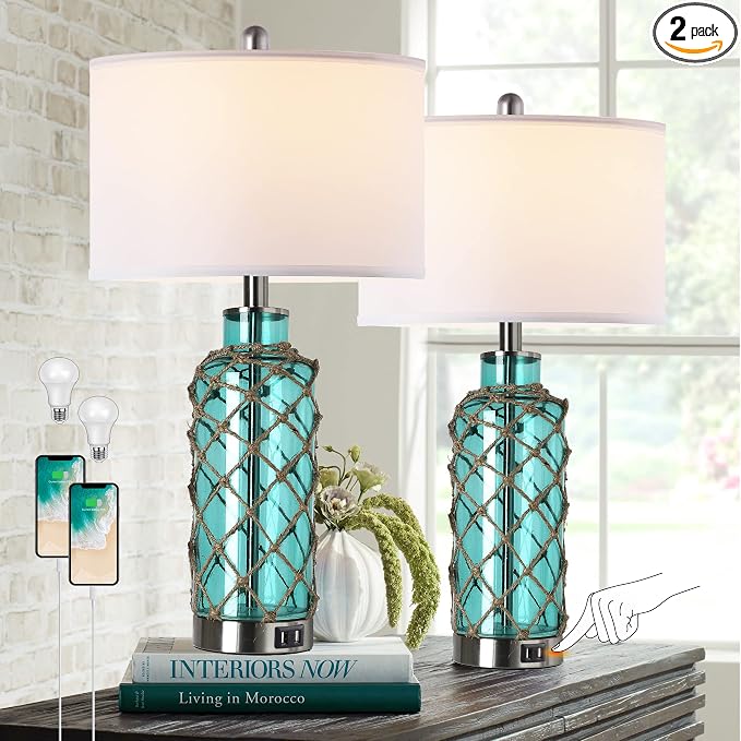 Cottage Nautical Accent Table Lamp Set of 2, Touch Control Coastal Blue Green by PARTPHONER
