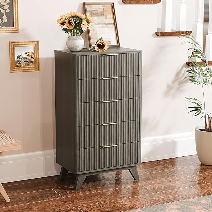 VINGLI Fluted Tall Dresser 5 Drawer, 23.66" W Chest of Drawers Gray Wood Dresser - Image 9