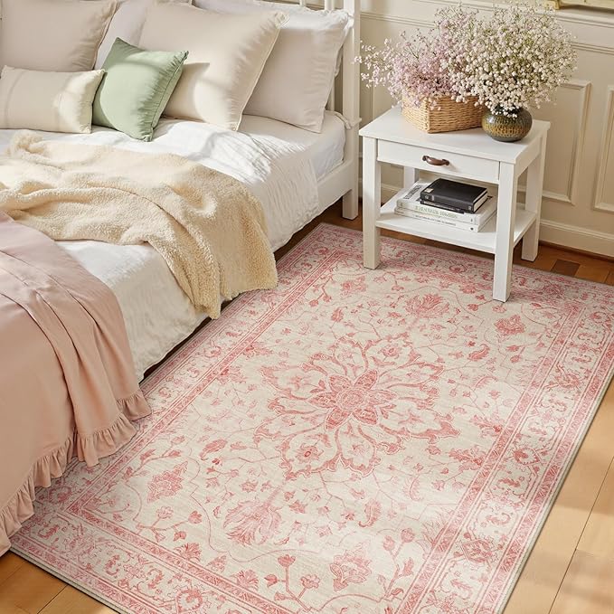 RELEANY Area Rugs 3'x5' Washable Non-Slip, Floral Vintage Distress Print by RELEANY