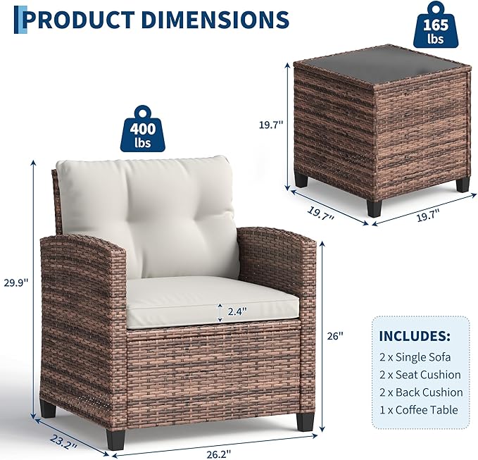 GarveeHome 3-Piece Outdoor Wicker Sofa Set, PE Rattan Patio Furniture - Image 2