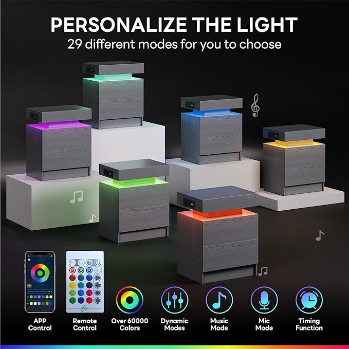 LIKIMIO Night Stand with Charging Station, Modern Grey Nightstand with LED - Image 4