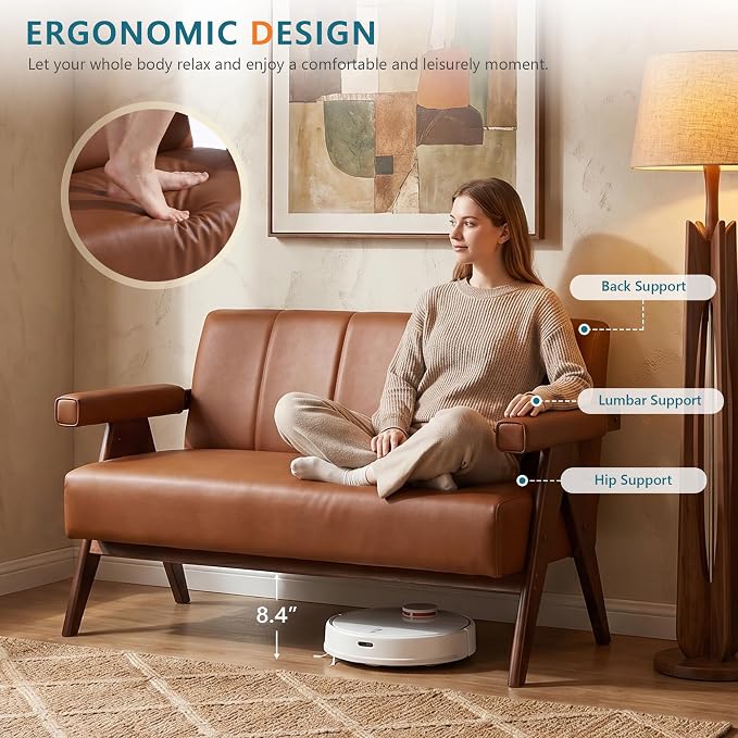 STHOUYN Brown Leather Loveseat Sofa and Accent Chair, Mid-Century Modern Office - Image 5